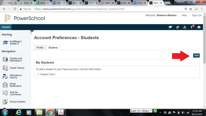 Screenshot of the PowerSchool Account Preferences Page, Student Tab