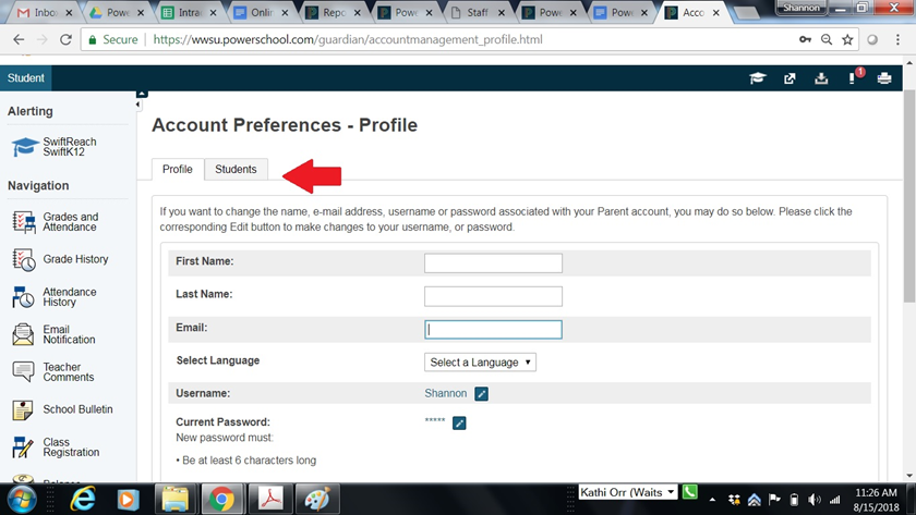 Screenshot of the PowerSchool Account Preferences Page