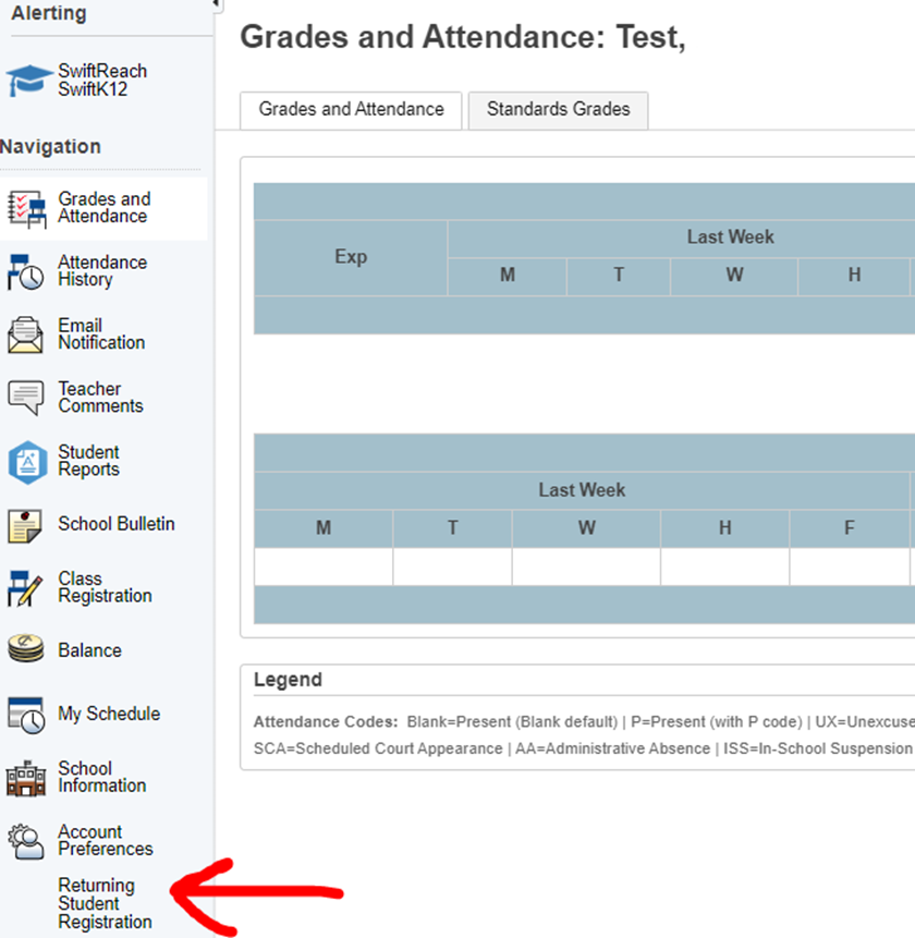 Screenshot of the PowerSchool Grades and Attendance Page, showing the Full Sidebar Navigation